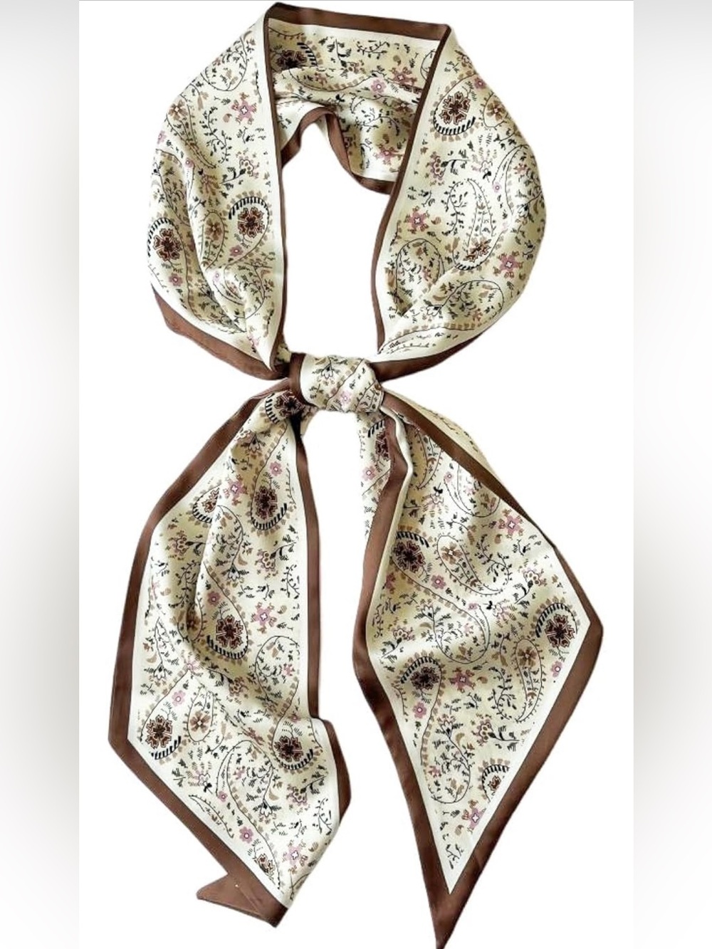 Elegant Cream Floral Silk Scarf with Brown Trim